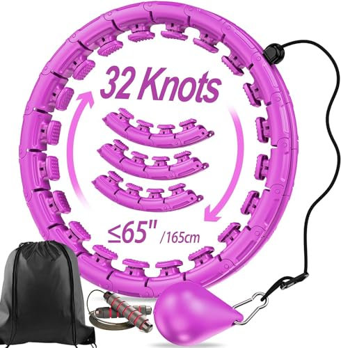 APzek 32 abnehmbare Knoten gewichteter Übungsreifen in Übergröße, kein Fallen, Smart Huula Hoop für Erwachsene & Anfänger, 2 in 1 Bauch-Fitness-Massage mit automatisch drehendem Ball - Lila