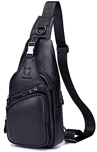 BULLCAPTAIN Männer Sling Brusttasche Echtes Leder Casual Mehrzweck Crossbody Schulter Rucksack Reise Wandern Daypack, Schwarz, 12.8x7.1x2.3