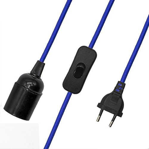 CABLEPELADO Portalámpara E27 con Interruptor, Adaptador de lámpara E27, Base para Bombilla E27, Enchufe + Interruptor ON/Off, Cable 1.50 Metros, Casquillo E27, Diseño Vintage, Cable Trenzado, Azul