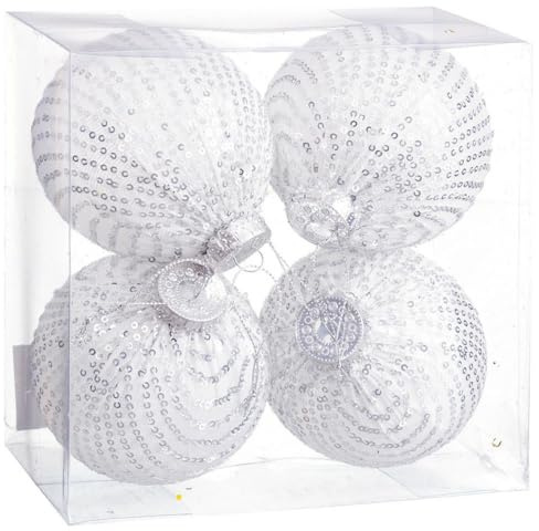 BigBuy Christmas Weihnachtskugeln Weiß Silber Kunststoff Stoff Pailletten 10 x 10 x 10 cm (4 Stück)