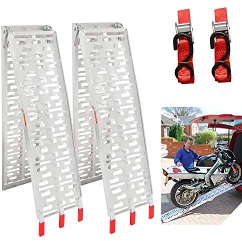 Fiqops 2X Klappbar Auffahrrampe bis 680kg, Alu Verladerampe, rutschfest Verladeschiene, max. 340kg* pro Stück, Anhängerrampe, Auto Laderampe, 226 x 30.5x5.5cm