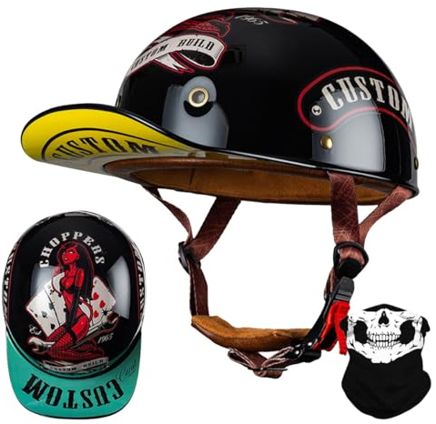 RQTEUYE Vintage Baseball Cap Half Shell Motorcycle Helmet, Extended Retro Brim Helmet With ECE Certification, Men Women Open Face Motorbike Helmet for Cruiser Chopper Scooter M-XXL