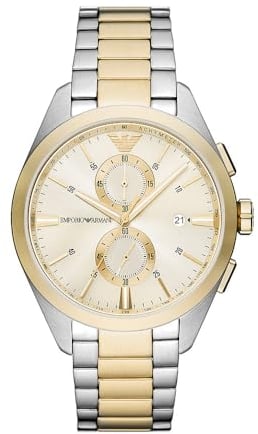 Emporio Armani Watch for Men, 2 sub dial Chronograph Movement and 43mm Case Size with Stainless Steel, Leather or Silicone Strap Silberton und Goldton, 43MM