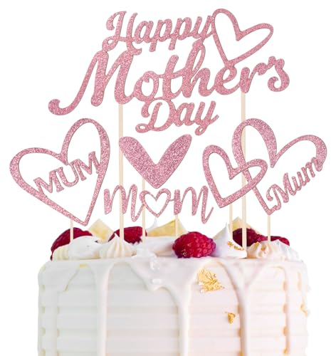 BETESSIN 6 Stück Happy Mother’s Day Cake Topper Muttertag Tortendeko Glitter Rosegold Mom Cupcake Topper Papier Herzform Torte Kuchen Dekoration Tortenstecker