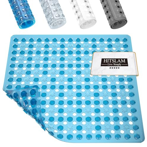 HITSLAM Non Slip Shower Mat Anti Mould, 53 x 53cm Square Shower Mat for Inside Shower，Machine Washable Non Slip Bath Mat With Suction Cups and Drain Holes, Soft on Feet, Blue