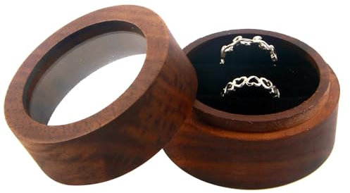 ZoeWei Ringbox Holz, Massive Walnuss Ringschatulle Hochzeit mit 2 Slots Rund Handgefertigte Ringschatulle mit klarem Fenster für Heiratsantrag, Verlobung, Hochzeit und Tägliche Lagerung