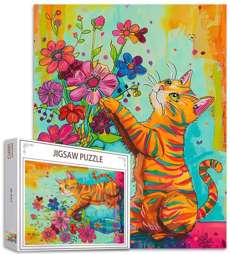 Tucocoo Mischievous Katzen-Puzzles für Erwachsene, 1000 Teile, Vase mit Blumen, abstraktes Kunst-Puzzle, bunt, DIY-Bastelpuzzles für Heimdekoration, Geschenke, Familienpuzzle perfekt für Spieleabende