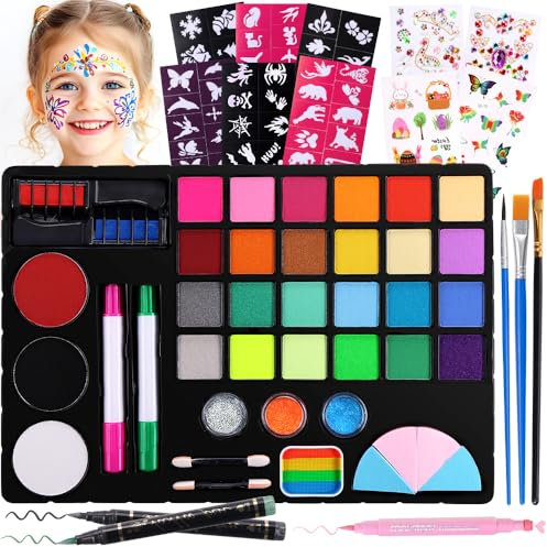 Janolia Pintacaras Infantil, 27 Colores Pinturas Cara para Niños con 3 Pinceles, 58 Plantillas, Pintura Cara Niños Hipoalergenica, Maquillaje Infantil Face Paint Halloween Fiesta Carnaval