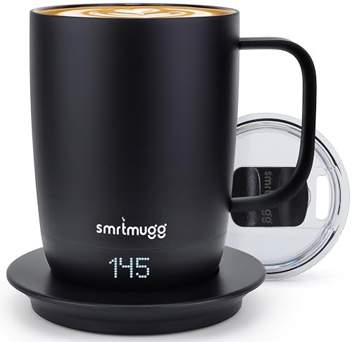 SMRTMUGG PRO Heated Coffee Mug 14 oz., 4 Hour Battery Life, Self-Heating, Adjustable Temperature Controlled, LCD Screen, One Button Temperature Adjustment, Includes Cover with Magnetic Slider (Black)