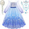 Deguisement Reine Des Neiges Fille avec Elsa Perruque Couronne Baguette Collier Bracelet Robe Reine des Neiges Princesse Elsa Costume pour Fille 3 4 5 6 7 8 9 10 Ans Noël Halloween Carnaval (130)