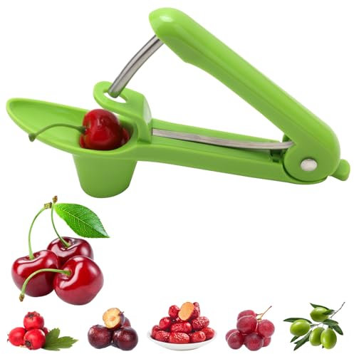 Snocciolatore Ciliegie, Snocciolatore per Olive, Snocciola Ciliegie, Snocciola Ciliegie con Gambo in Acciaio Inox e Coppa con Supporto in Silicone per Preparare Marmellata di Ciliegie (Verde)