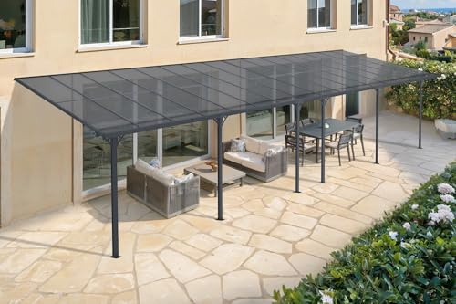 CAZEBOO Carport Pergola Adossée Aluminium KLEO 990x300 cm 10x3 m 30 m² Gris Anthracite Design Moderne Protection Terrasse Véhicules Résistant Anti-UV Haute Qualité Toit Polycarbonate UV30+