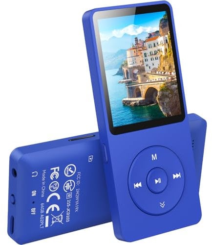 AGPTEK Lettore MP3 da 64 GB Bluetooth 5.3 con altoparlante, 70 ore di durata della batteria Piccolo e classico Sport MP3 con schermo da 1,8 pollici, radio FM (senza cuffie), scheda TF fino a 128 GB
