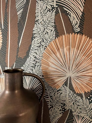 Newroom Vliestapete Braun Dschungel Palmen Tapete Wohnzimmer Schlafzimmer | Art-Deco-Fächerblätter, Metallic-Glanz, Dunkelgrün-Schwarz mit Terracotta und Beige, Mustertapete für Flur und Büro