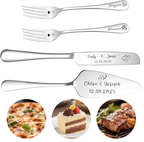 QSZ Personalisiertes Tortenmesser & Servierset mit individuellem Namen und Text - Tortenservierset & Hochzeitstorten-Schneideset - Geschenk zur, Hochzeit, Jahrestag & Geburtstag (Silber)