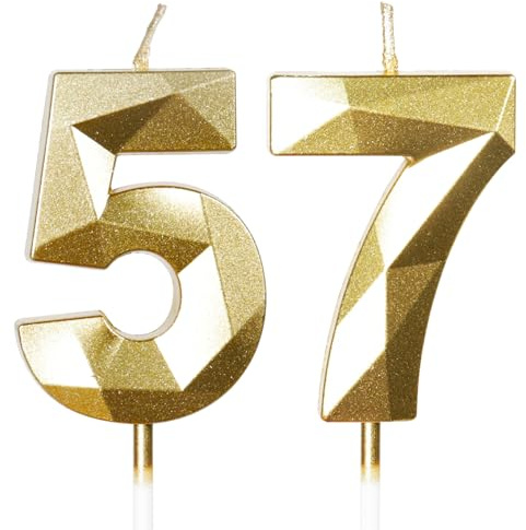 Yiran 57th Birthday Candles, Gold Number 57 Happy Birthday Candles, Cake Topper Decorations for Birthday Party, Wedding Anniversary Celebration Supply