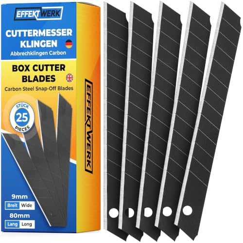 EffektWerk - Set di lame per cutter - Nero, confezione da 25 - Lame di ricambio per taglierino da 9 mm - Lame a scatto in acciaio al carbonio per impieghi gravosi