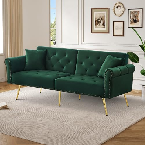 MOBETTRES 2-Sitzer-Schlafsofa Rückenlehne mit 3-stufiger Verstellung & vergoldete Metallfüße Stilvolles Sofa mit Schlaffunktion – platzsparend, belastbar, ideal für kleine Räume (Grün)