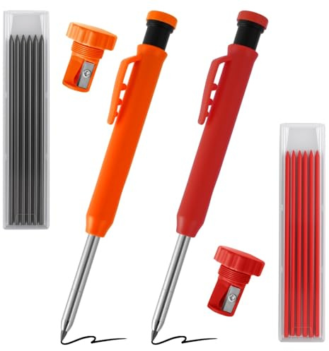 2 Crayons de Menuisier (orange et rouge) avec mines de rechange (noir et rouge) 2,8 mm – Marqueur de trous avec taille-intégré - Coffret de Crayon de Charpentier pour trous profonds avec étui