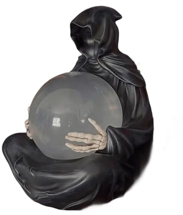 Muuookka Halloween Decor LED Light Grim Reaper Statue with Flying Bats Crystal Ball Water Globe for Magical Vibes