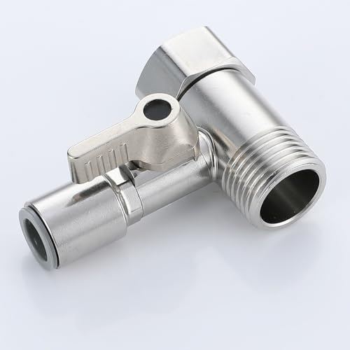 Adattatore per acqua RO in acciaio inox, connettore a T a 3 vie con valvola di intercettazione, raccordo idraulico BSP 1,3 cm maschio e femmina + adattatore push fit da 1 cm