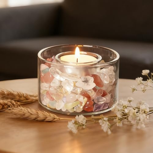 Lamptobe Teelichthalter mit Chakra-Heilsteinen, Meditations-Kerzenhalter Set, Spirituelles Geschenk für Frauen, Geburtstag, Stressabbau, Yoga, Bad, Reiki-Energie (Ohne Kerze)