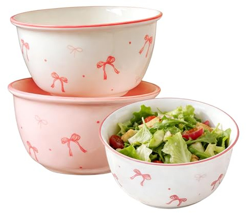2 Pcs Pink Bow Ceramic Bowls Bow Print Ceramic Stackable Nesting Bowls | Ceramic Bowls Stackable Nesting Bowls for Soup, Dessert & Fruit Salad, Kitchen Decor