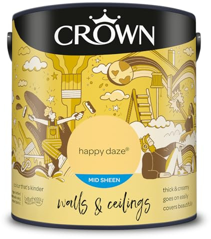 Crown WALLS & CEILINGS Yellow Kitchen & Bathroom Paint, Mid Sheen 2.5L | Wipeable Happy Daze, scuff resistant mid sheen. Durable on walls & ceilings. Condensation resistant. Low VOC & low odour