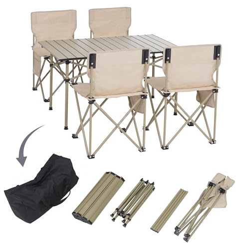 Mendler Campingset HWC-Q39 Metall Stoff - Creme | Tisch, 4x Stuhl, Klappstuhl, Anglerstuhl, faltbar