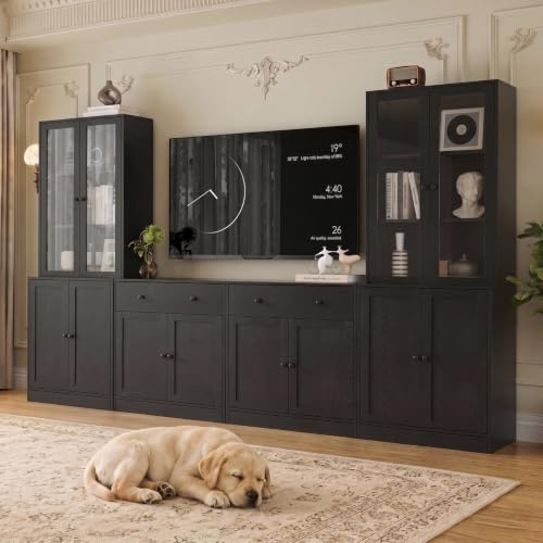 VOWNER TV Unit with Bookcase for TVs up to 65 (black) | Media Wall Unit with Glass and Wood Doors, Modern Living Room Furniture Sets with Drawers and Shelves, 280cm Wide, Black