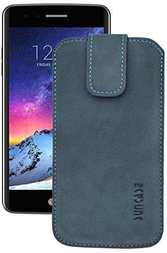 Suncase ECHT Ledertasche Leder Etui *Slim-Edition* für LG K8 (2017) (mit Rückzugsfunktion und Magnetverschluss) Pebble-Blue