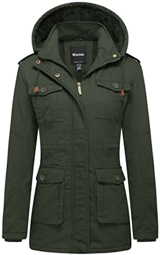Wantdo Femme Blouson Matelassé Hiver Chaud Résistant à l'eau Veste Coupe-Vent avec Capuche Fausse Fourrure Puffer Blouson Longue Slim Fit Vert Militaire XXL