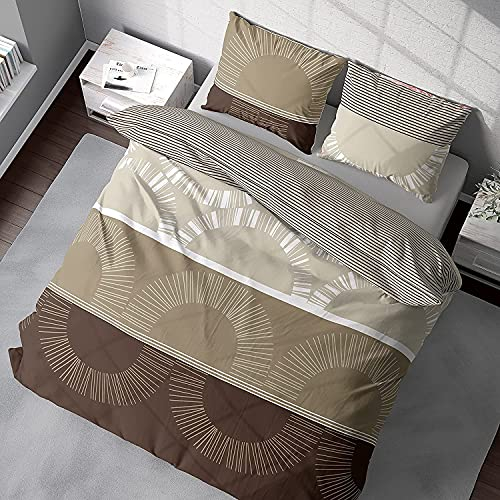 DILIOS Bettwäsche 155x200 2teilig Baumwolle Renforcé Hellbraun Braun Streifen 100% Atmungsaktive Angenehme Baumwollbettwäsche - Bettbezug 155 x 200 cm + Kissenbezug 80 x 80 cm mit Reißverschluss