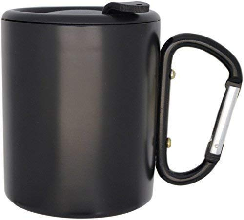 Edelstahlbecher mit Karabinerhaken schwarz und Verschlussdeckel Narren Isolierbecher doppelwandig 0,3l Kaffeebecher Reisebecher Outdoorbecher Wanderbecher
