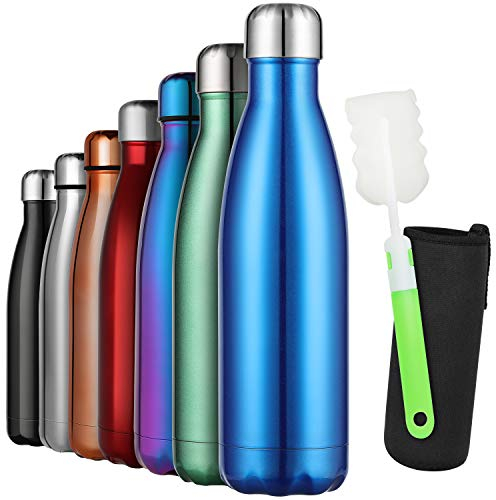 GeeRic Bouteille d'eau en Acier Inoxydable, Bouteille d'eau en Métal à Double Paroi Isolée sous Vide 12 Heures Chaudes et 24 Heures Boissons Froides Bouteilles 500 Ml/17 Oz Bleu