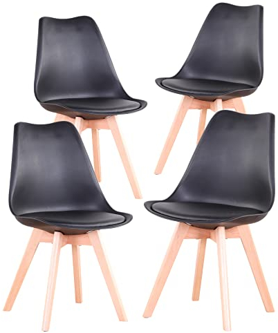 BenyLed Lot de 4 Chaises de Salle à Manger, Chaises De Cuisine Rétro Rembourrée avec Pieds en Bois de Hêtre Massif pour Salon, Chambre, Cuisine, Bureau, Noir