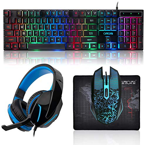 CHONCHOW Set di tastiera, mouse, cuffie e tappetino per mouse da gioco a LED, set di luci arcobaleno cablate per Xbox PS4 PS5 PC Laptop Gamer