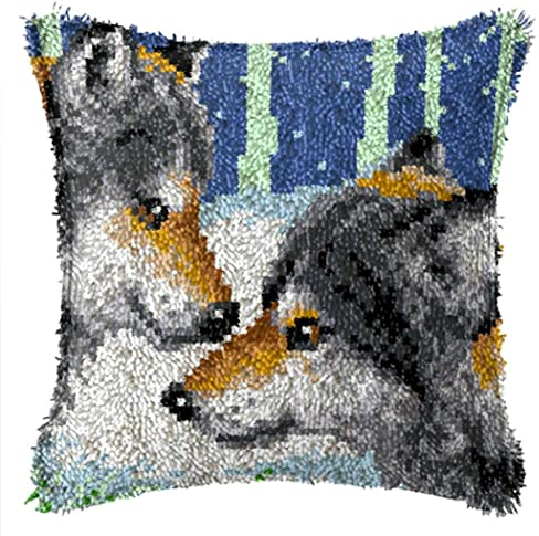 XUJINGJIE Knüpfkissen zum Selber Knüpfen DIY Kissenbezug mit Wolf Bedrucktem Leinwandmuster Handarbeit Stickkissen Kreuzstich Knüpfen Set Erwachsene, 43 X 43cm