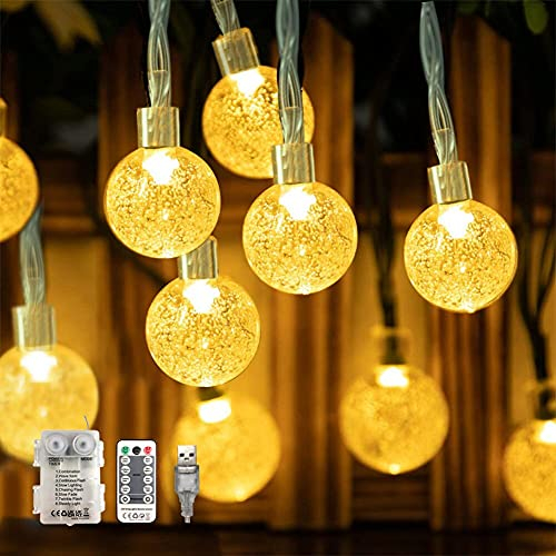 WALCHO Guirnaldas Luces, Luces Navidad Guirnalda Funciona con batería y USB, 60 LEDs Impermeable IP65, Cadena de Luces LED para Navidad, Exterior, Jardín, Boda, Fiesta, Decoración (Blanco cálido)