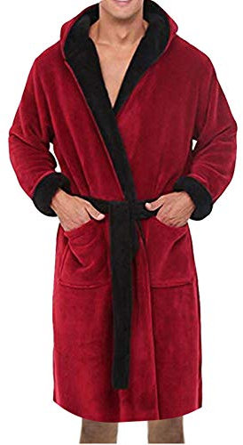 QinMMSPORTS Bademantel mit Kapuze Herren Morgenmantel Super weich Herren Fleece Robe Saunamantel Bademantel warm und kuschelig Langarm Saunamantel mit Gürtel und Taschen, S - 5XL (Rot, L)