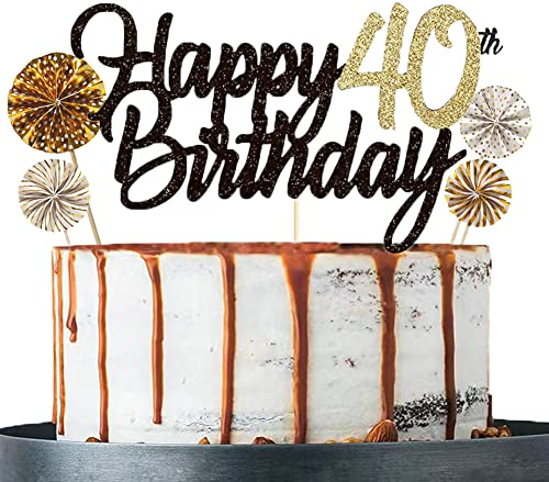 Tortendeko 40 Schwarzes Gold set Doppelseitiges Glitzerpapier Happy Birthday Cake Topper für Geburtstag Deko 40