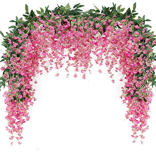 JUSTOYOU 2pcs 7FT Künstliche Glyzinien-Rankengirlande Gefälschte Blume Glyzinien-Girlanden für den Innen- und Außenbereich, Hochzeit, Wand, Badzimmer-Dekoration (Magenta)