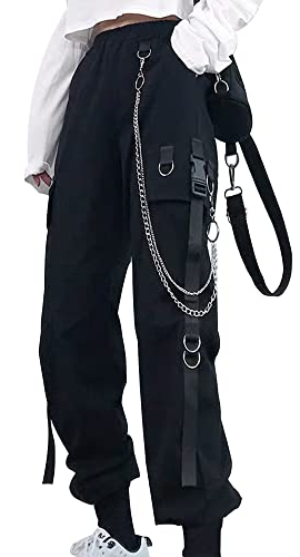 XKBHYD Pantalon cargo multi-poches noir et blanc pour femme - Taille haute - Jambe droite, 1 pantalon noir, Taille L