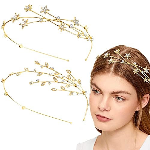 DonLeeving 2 Pcs Gold Rhinestone Alloy Five-pointed Star Headbands Bridal Hair Hoop Decorative Headpiece Wedding Hair Accessories Ornaments for Elegant Women Girls