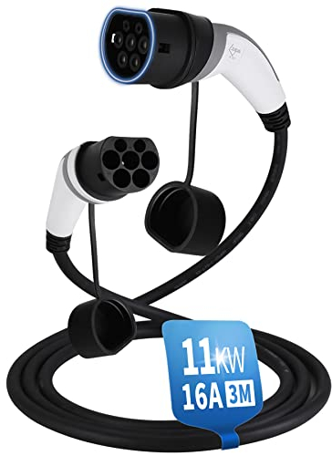 Cable de Carga de Vehículos Eléctricos Tipo 2 | 16A 11KW | Trifásica | 3 Metros | Apto para todos los híbridos plug-in y vehículos eléctricos, Compatible con ID.3 ID.4 Model 3 e-Tron ZOE Leaf e-Golf