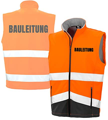 Fassbender-Druck WARNWESTEN - BAULEITUNG Sicherheitsweste ORANGE aus Softshell - ORANGE Warnweste nach EN ISO 20471 zertifiziert - Unisex und hochwertigem Reflektorstreifen (Gr. XL)