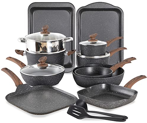 MAISON ARTS 17-teiliges Topf- und Pfannenset, Küchen-Kochgeschirr-Sets mit Antihaftbeschichtung, Granitsteinbeschichtung, geeignet für Induktionsherde, Schwarz