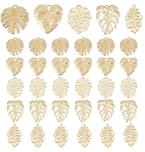PH PandaHall 35pz Ciondoli Foglia di Monstera, 5 Stile Ciondoli a Forma di Foglie Tropicali in Metallo Ciondoli a Foglia Cava in Acciaio Inossidabile per Gioielli Collana Fai-Da-Te Orecchino, Oro