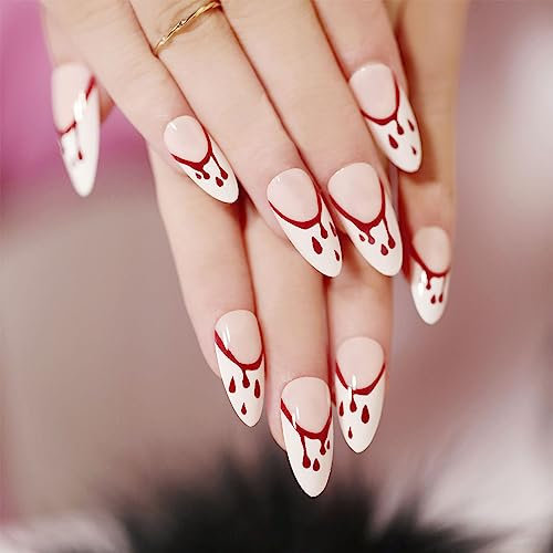 Ceboic 24Pcs Press on Nails Medium Glossy Almond Red Blood Tear Drop False Nails Cute White Halloween Stiletto Artificial Full Cover Stick on Nails Tips for Women and Girls