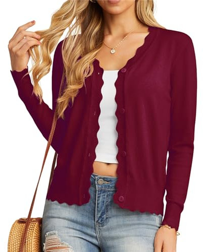 Long Cardigan for Women Knitted Cardigan Open-Front Flowy Ruffle Longline Cardigan Lightweight Cardigan (Wine Red, L)
